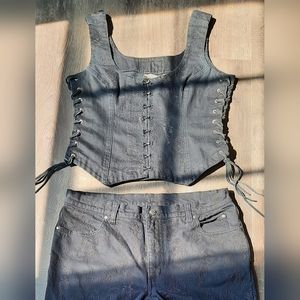Vintage Harley Davidson matching black denim jeans and corset vest SET